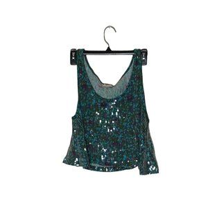 Free People Women's Blue Green Sleeveless Scoop Neck Sequin Crop Tank Top Size S